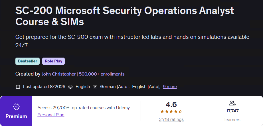 SC-200 Microsoft Security Operations Analyst Course & SIMs