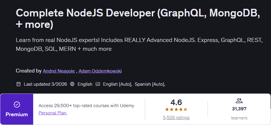 Complete NodeJS Developer (GraphQL, MongoDB, + more)