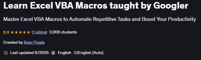 Learn Excel VBA Macros taught by Googler