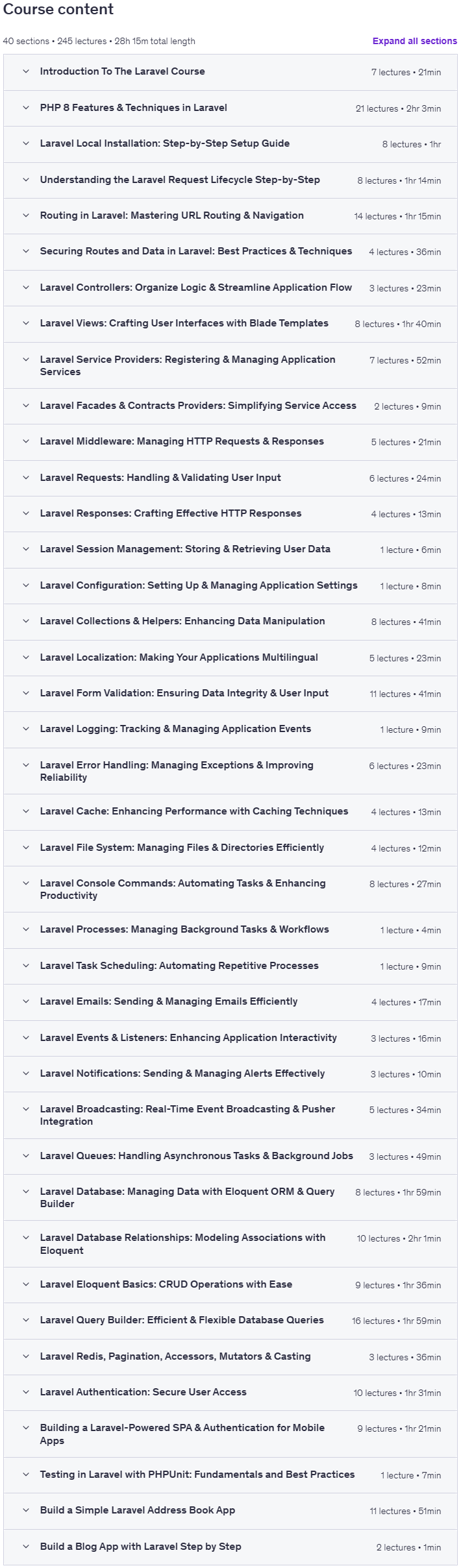 The Complete Laravel PHP Development Course (2025 Edition) Content