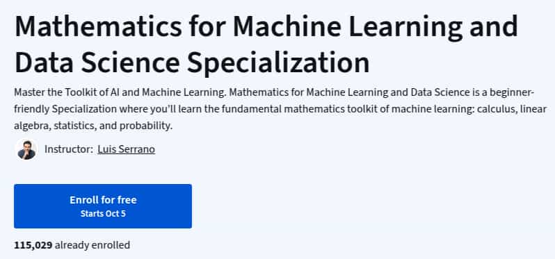 Mathematics for Machine Learning and Data Science Specialization