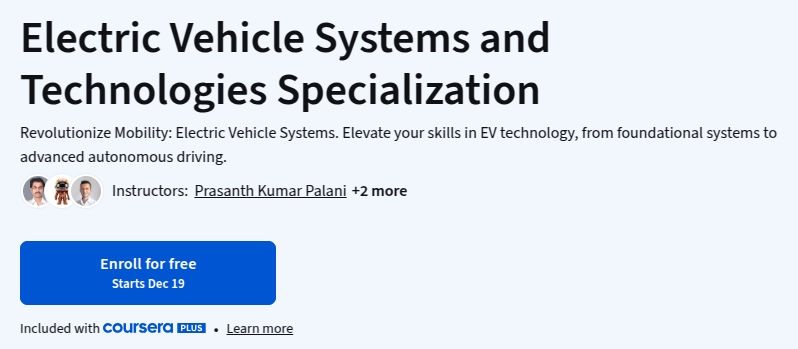 Electric Vehicle Systems and Technologies Specialization