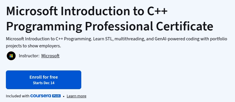 Microsoft Introduction to C++ Programming Professional Certificate