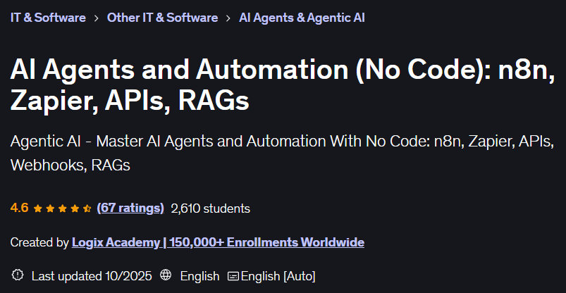 AI Agents and Automation (No Code): n8n Zapier APIs RAGs