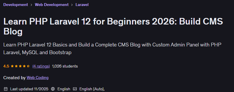 Learn PHP Laravel 12 for Beginners 2026 Build CMS Blog