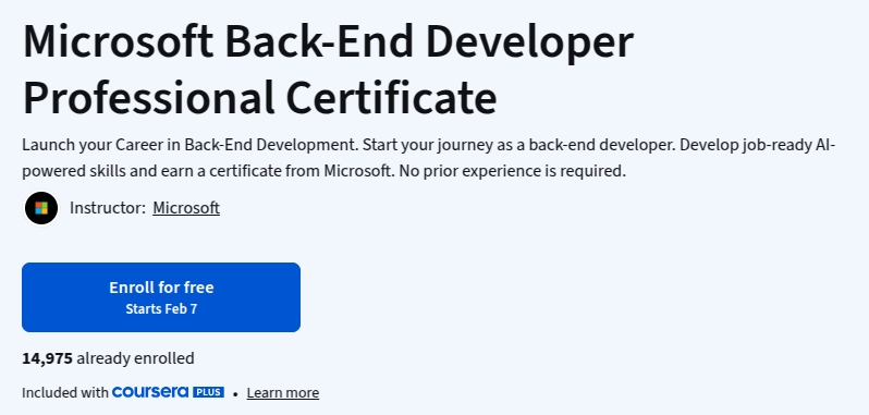 Microsoft Back-End Developer Professional Certificate