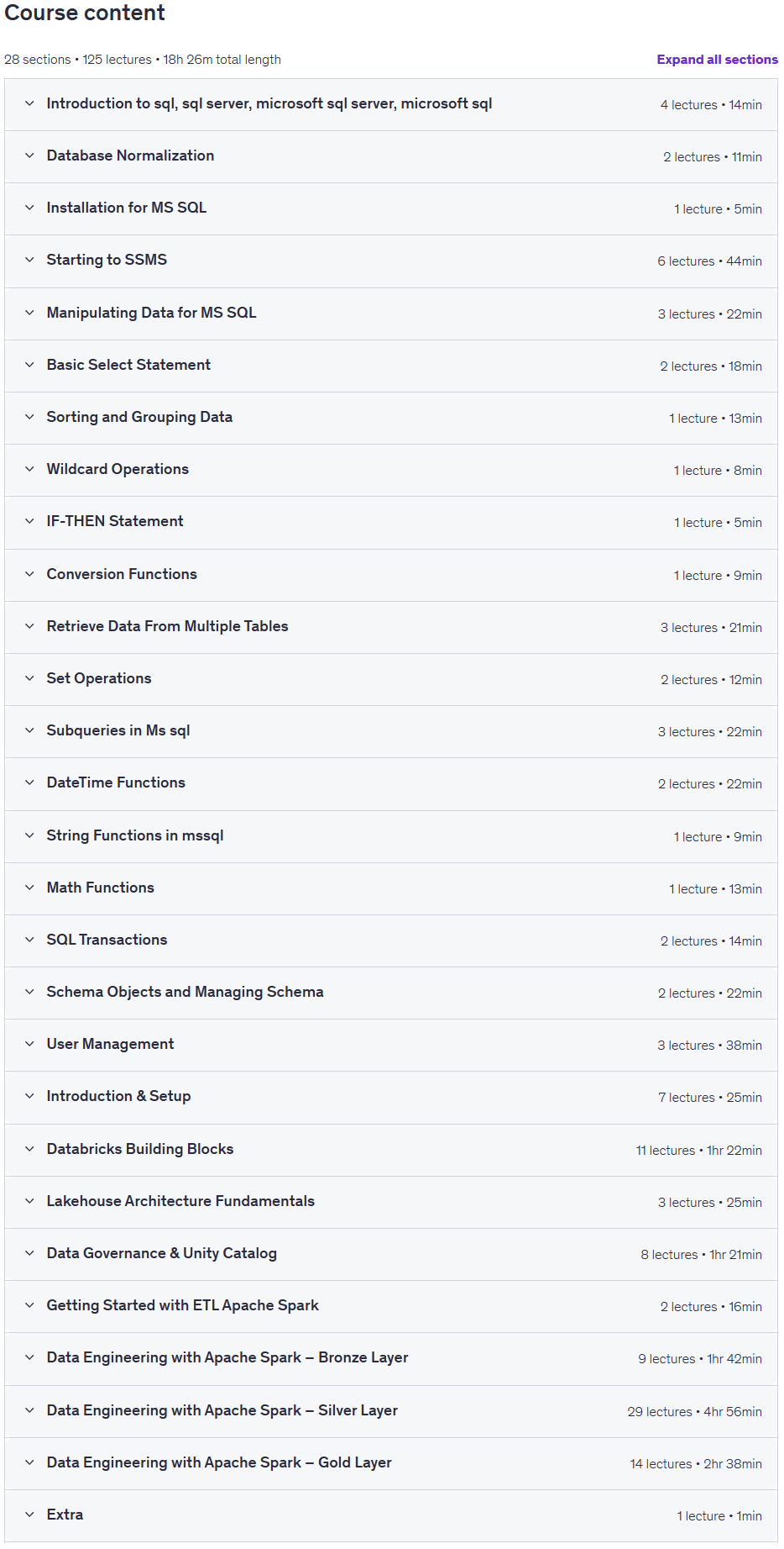 MS SQL to Databricks Spark ETL Training for Data Engineers Content