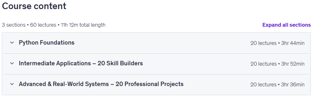 60‑Python‑Projects Masterclass; from zero to advanced Content