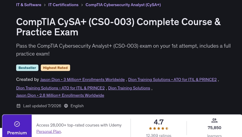 CompTIA CySA+ (CS0-003) Complete Course & Practice Exam
