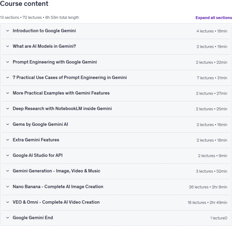 Google Gemini Course: AI, GenAI, LLM, VEO, Nano Banana, More Content