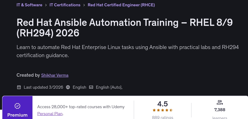 Red Hat Ansible Automation Training _ RHEL 8_9 (RH294) 2026
