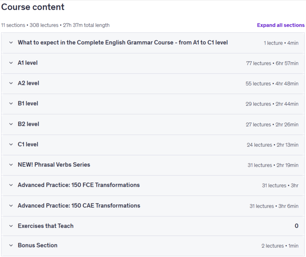 The Complete English Grammar Course - from A1 to C1 level Content