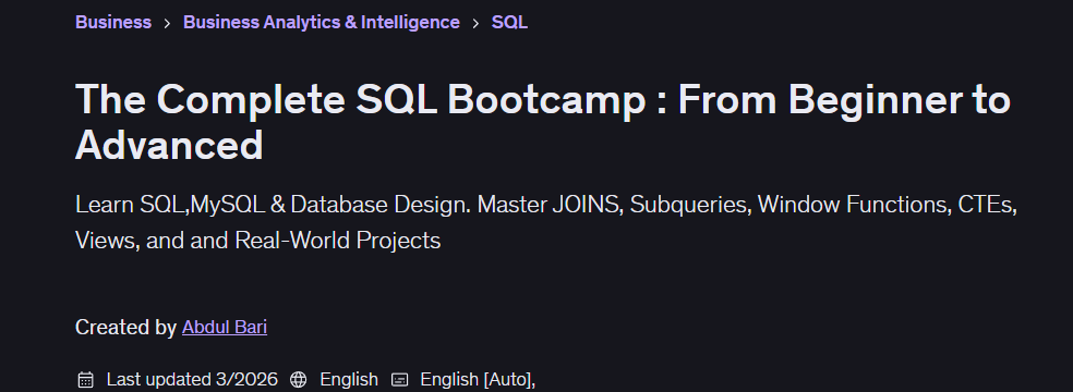 The Complete SQL Bootcamp : From Beginner to Advanced