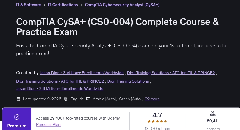 CompTIA CySA+ (CS0-004) Complete Course & Practice Exam